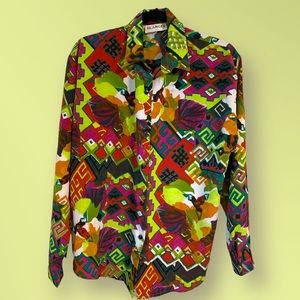 Vintage Glances funky geometric art deco button down long sleeve blouse womens m